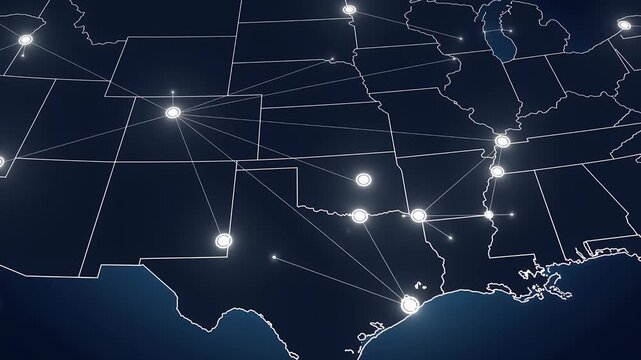 United States map animation with glowing network nodes and digital city connections on dark blue background 