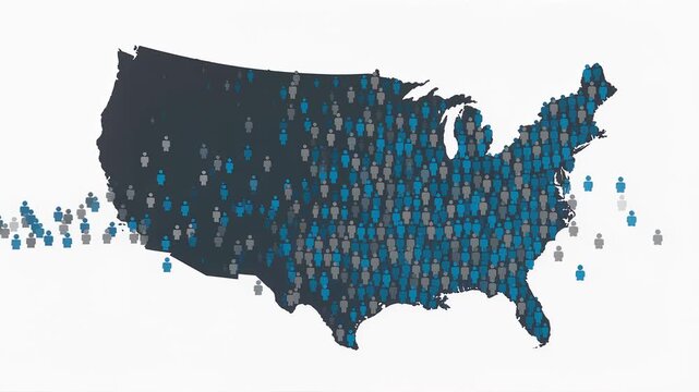 United States population density map animation with human icons filling country silhouette on white background 