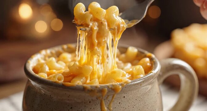 Fork lifts creamy macaroni coated in golden cheese sauce, creating long glossy strands of melted cheese.
