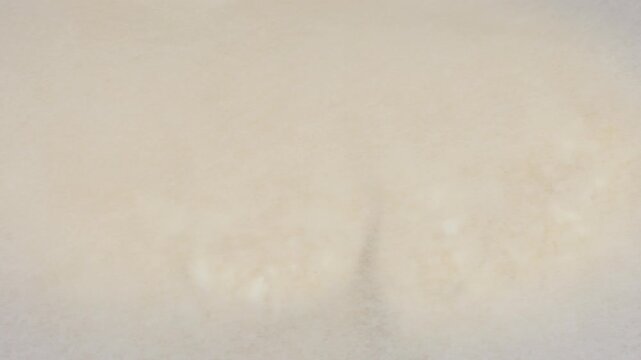 A lump of fresh cottage cheese dough with visible white flecks rests on a marked silicone mat, and a female chef rolls it out under parchment paper with a rolling pin to prevent sticking.