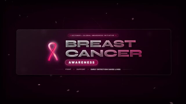 Breast cancer awareness month banner animation with glowing pink ribbon