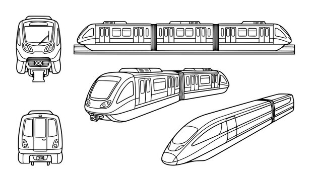 Monorail train outline icons in front side rear and perspective views vector set