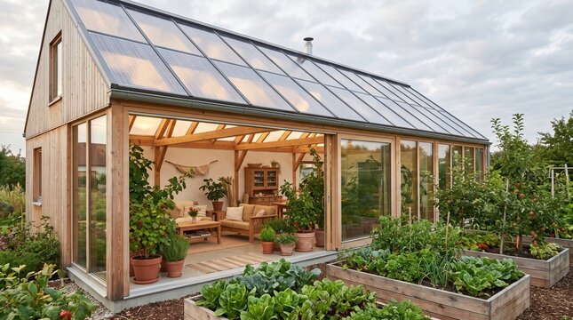 Modern wooden greenhouse with glass roof, sustainable garden house with interior living space, eco-friendly backyard glasshouse