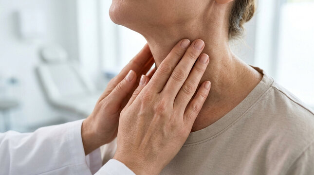 Doctor examining patient's neck for thyroid or lymph node issues, close-up medical exam