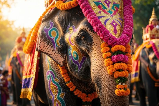 Decorated elephant walks in parade with floral garlands and paint. Tradition and culture celebrated with large mammal procession during festival. Majestic animal adorned for celebration.