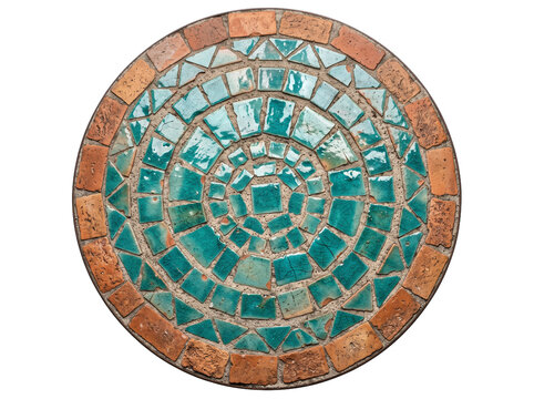 Mosaic tile circular pattern artwork featuring glazed turquoise teal ceramic tiles and terracotta brick border forming a geometric round motif isolated on black background for Mediterranean decor.