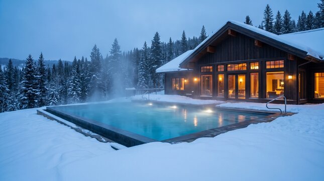 Luxury winter chalet with heated infinity pool, cozy mountain lodge in snowy forest, steaming outdoor spa at dusk