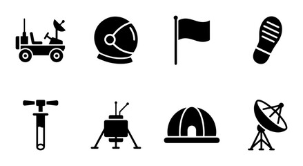 Space Exploration Icons Set: Astronaut Gear, Rover, Lander, Satellite Dish, Footprint © Mxgfxart