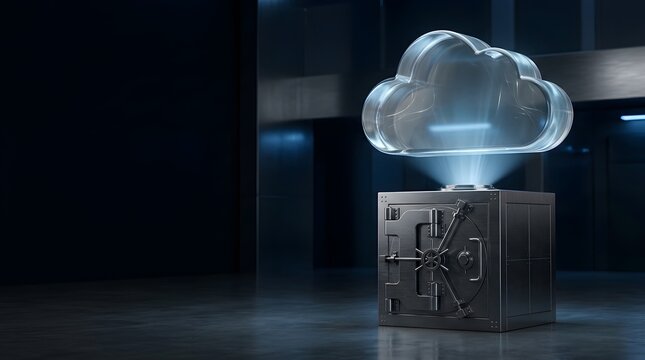 A glass cloud icon floating above a metallic bank vault in a dark, secure room