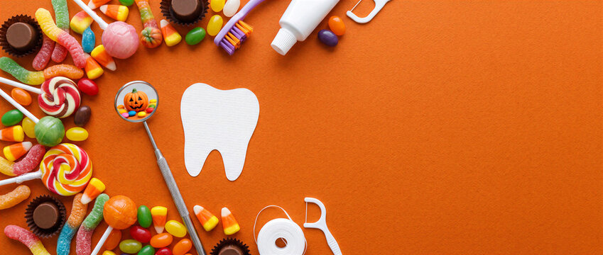 Dental Checkup Tools with Halloween Candy and Tooth Shape