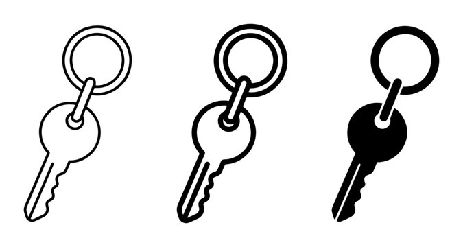 Keychains with Keys Vector Icons, Simple Outline and Silhouette Designs, Security and Access Symbols for Property and Storage