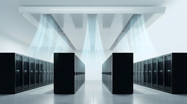 Modern server room with rows of black server racks and ceiling cooling system