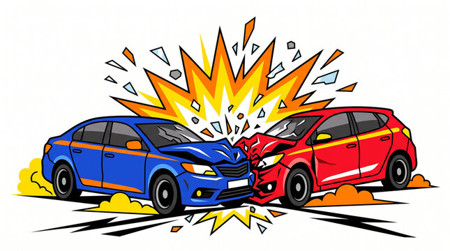Car accident explosion, comic book style crash illustration, head on collision pop art