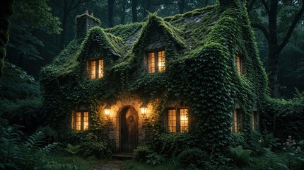 Fototapeta premium Old stone cottage completely covered in green ivy and moss sits in a dark forest. Warm lights glow from windows and lanterns illuminate the entrance.