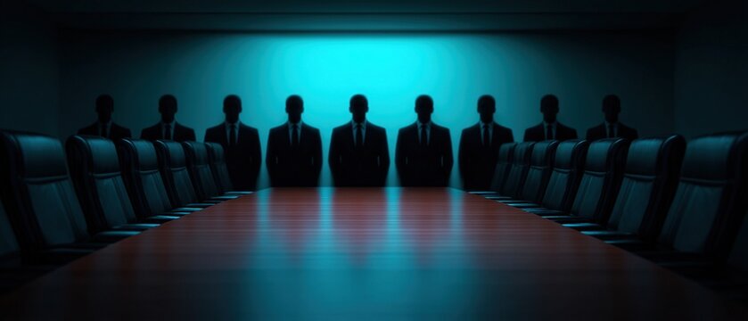 Dark conference room with a long table and nine silhouetted businesspeople standing at the far end under blue ambient lighting.