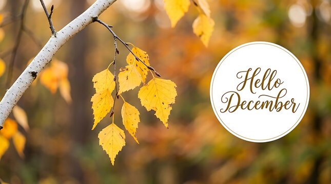 Hello december circular typography sign overlay on autumn forest background with yellow birch leaves