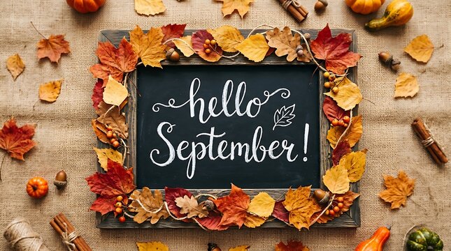 Hello september chalkboard framed by colorful autumn leaves and rustic fall decor elements