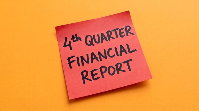 4th Quarter Financial Report text on red sticky note. Business accounting reminder on orange background. Q4 fiscal planning concept.