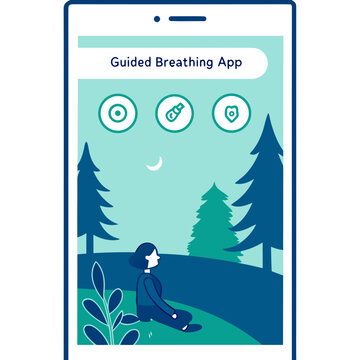 Guided breathing app on smartphone screen with woman meditating in nature