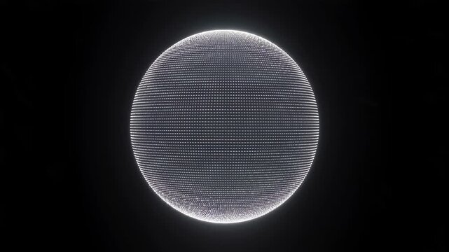 Glowing pixelated digital globe animation on black background with futuristic technology network and seamless rotation