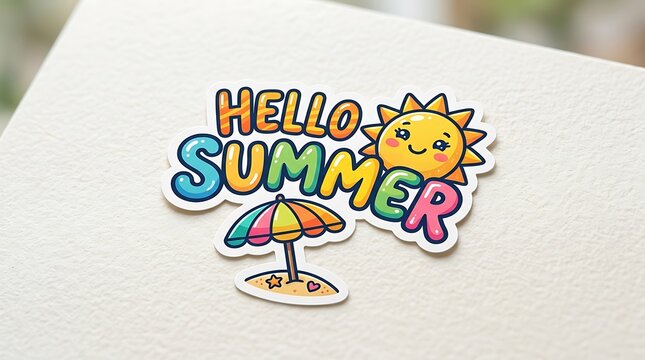 Hello summer cute colorful cartoon sticker with beach umbrella and sun umbrella colorful vacation