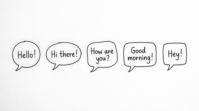 Handwritten speech bubbles with greetings like hello hi and how are you on white background