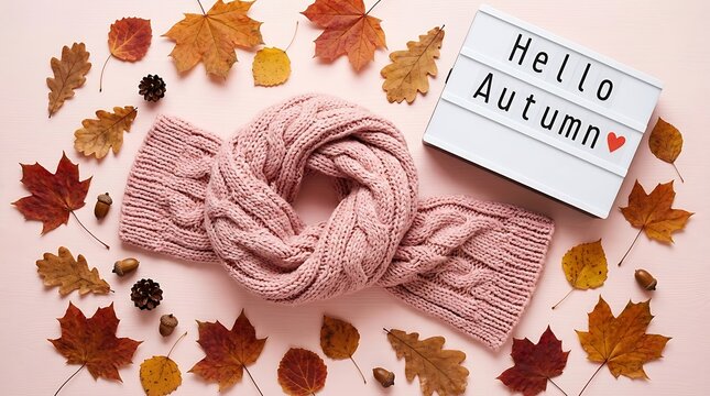 Cozy autumn flat lay composition with pink knitted scarf and hello autumn light box sign, seasonal