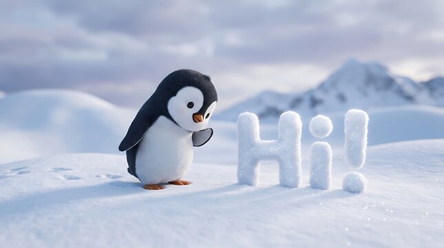 Cute little penguin standing on snow looking at hi text made of snow in winter landscape