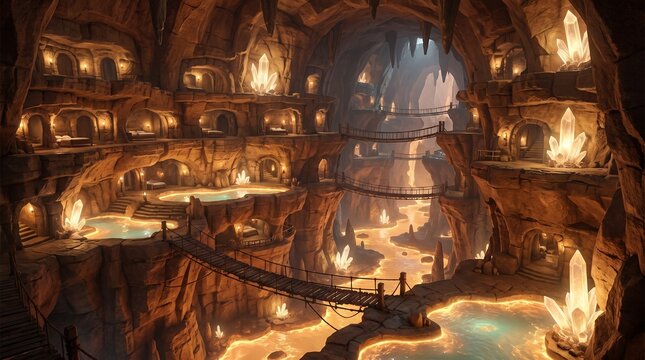 Fantasy underground crystal cave city, mystical subterranean cavern dwelling with glowing quartz, magical dwarven rock architecture