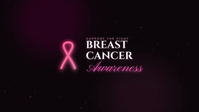 Glowing pink ribbon and text for breast cancer awareness campaign on dark background
