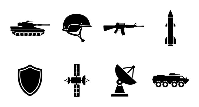 Military Icons Set: Tank, Helmet, Rifle, Missile, Shield, Satellite, Radar, Armored Vehicle
