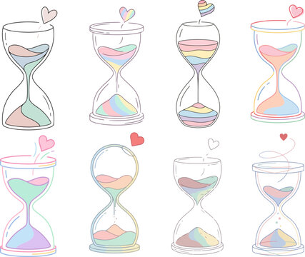 Hourglass with heart pastel vector illustration set, minimal line art design, transparent background SVG