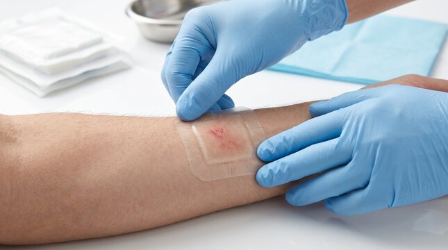 Healthcare professional applying adhesive bandage to wounded patient arm