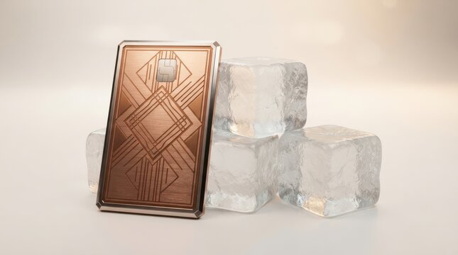 Metallic copper card standing vertically next to transparent ice cubes