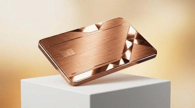 Premium metallic rose gold credit card displayed on modern white platform