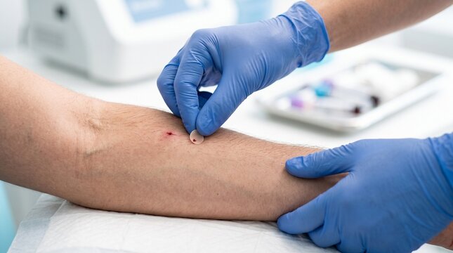 Medical professional applying adhesive bandage on patient arm after blood test