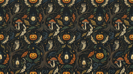 Fototapeta premium Seamless pattern with owls, jack-o-lanterns, mushrooms, and vintage lanterns on a dark background