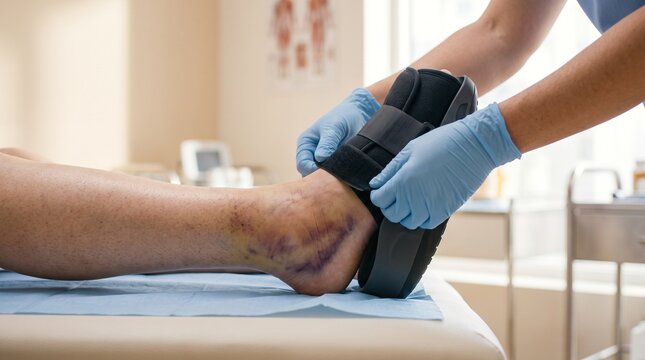 Medical professional applying orthopedic boot to injured foot with bruise