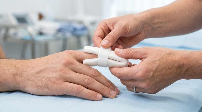 Medical specialist applying a soft foam finger splint to an injured patient hand