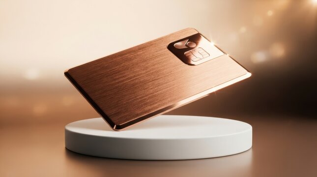 Copper credit card with microchip mockup on white podium display, metallic