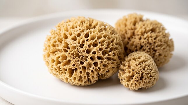 Natural sea sponges resting on a clean white ceramic dish in studio light