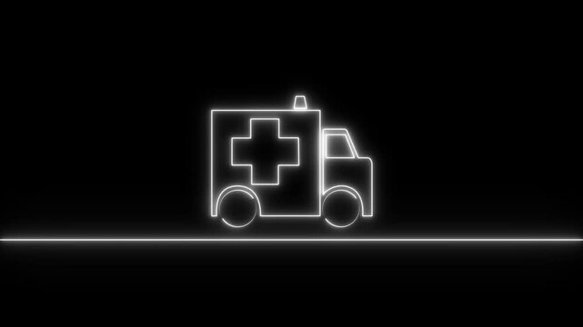Glowing neon Ambulance and emergency car icon. black background. animation 4k video 