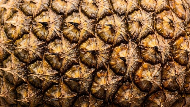 Close-up macro shot of a pineapple peel with its distinctive textured hexagonal pattern and earthy brown and golden hues.
