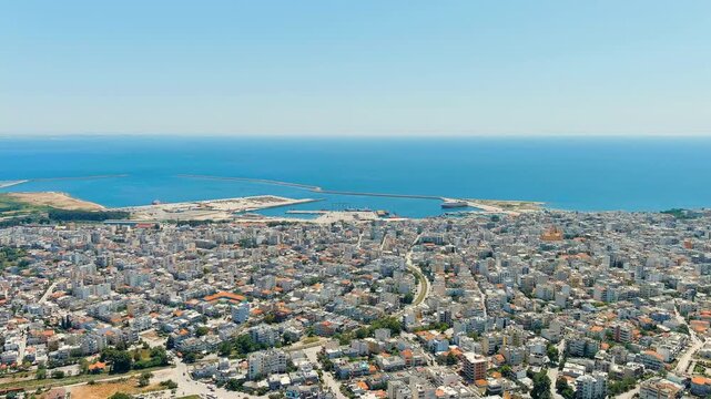 Alexandroupolis, Greece. Panorama of the central part of the city in summer. Coast of the Thracian Sea. Drone footage