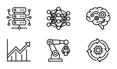 Fototapeta premium AI and Machine Learning Icons Set, Neural Network, Robotics, Data Analysis, Server Technology