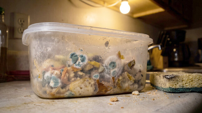 Moldy spoiled food in a plastic container on a kitchen counter