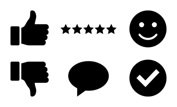 Customer Feedback Icons: Thumbs Up, Down, Stars, Smiley, Chat, Checkmark, Vector Set