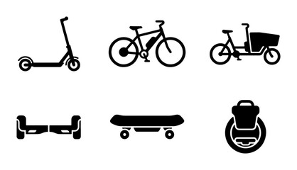Electric Scooter, Bicycle, Cargo Bike, Hoverboard, Skateboard, Unicycle Icons: Urban Mobility Vector Set © Tamim