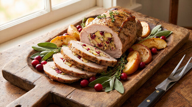 Roasted stuffed pork loin roulade sliced on a rustic wooden serving board