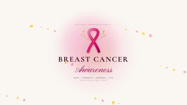 Breast Cancer Awareness animated graphic with pink ribbon and floating petals